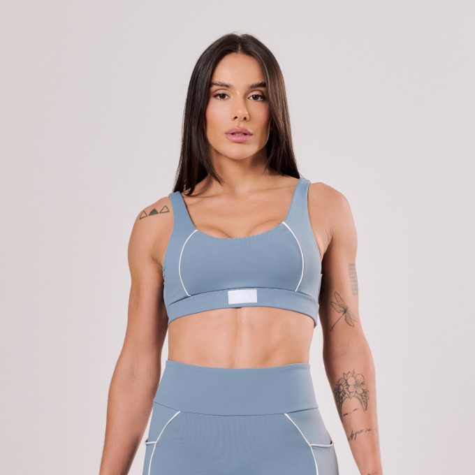 Top Sustentação Azul Acinzentado com Friso Off White