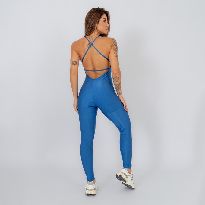 Macacão Decotado com Alças Removíveis Azul Oceano