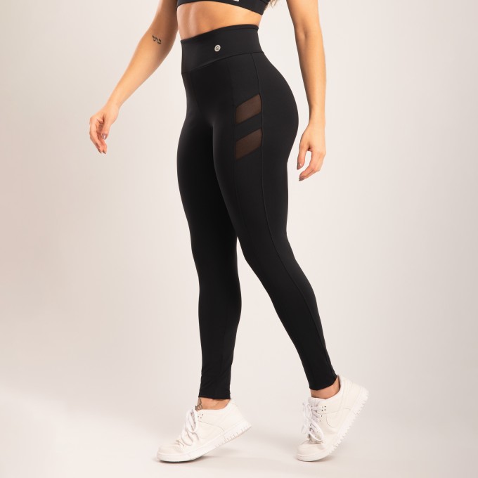 Calça Legging Preta com Recorte em Tule