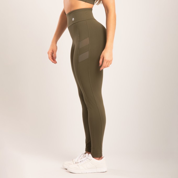Calça Legging  Verde Oliva com Recorte Tule