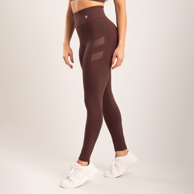 Calça Legging Marrom Escura com Recorte Tule
