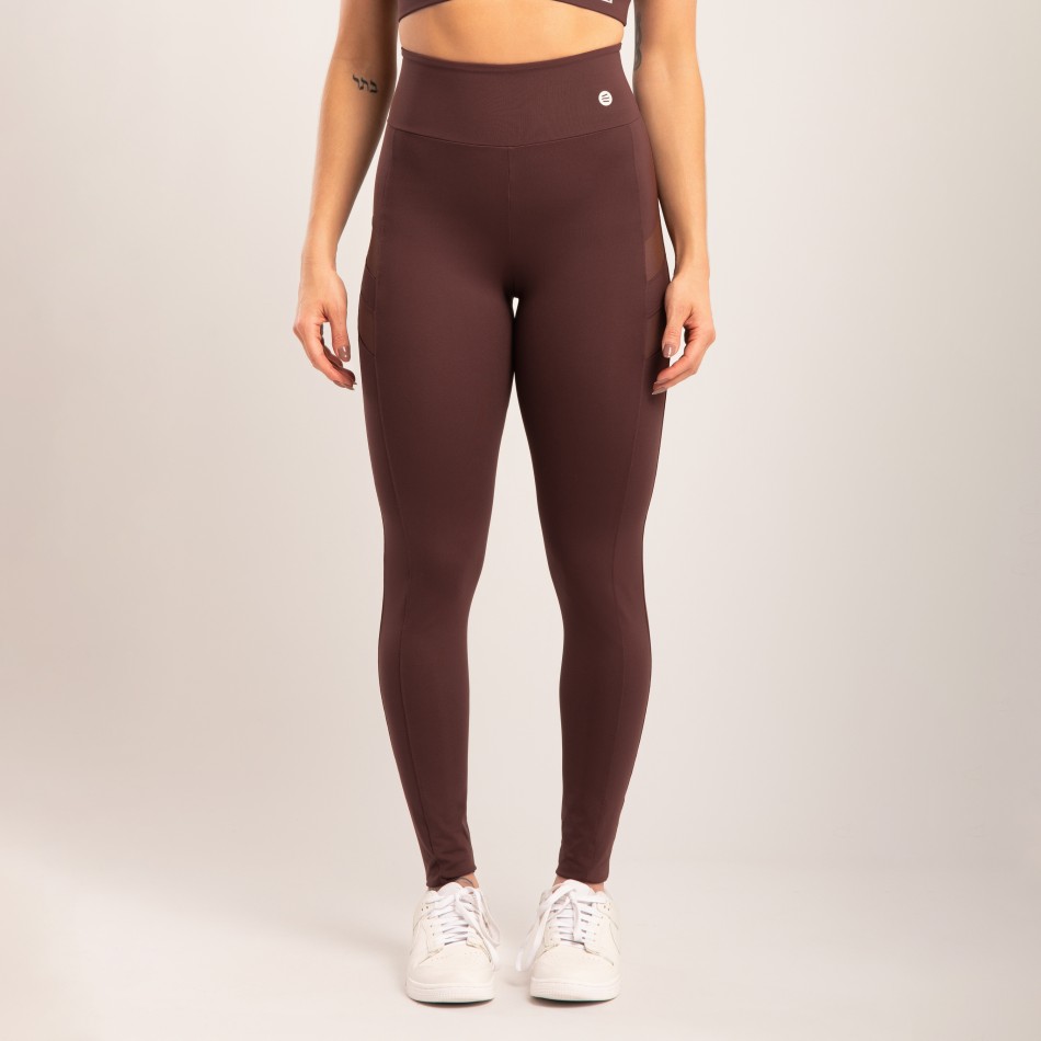 Calça Legging Marrom Escura com Recorte Tule