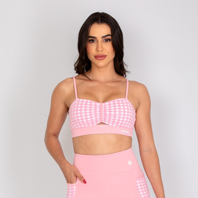 Top Franzido Rosa Bebê Xadrez