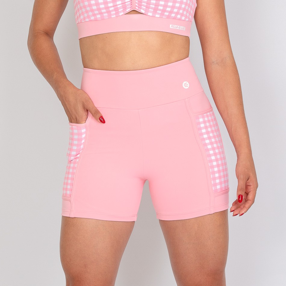 Short Rosa Bebê com Bolso Xadrez