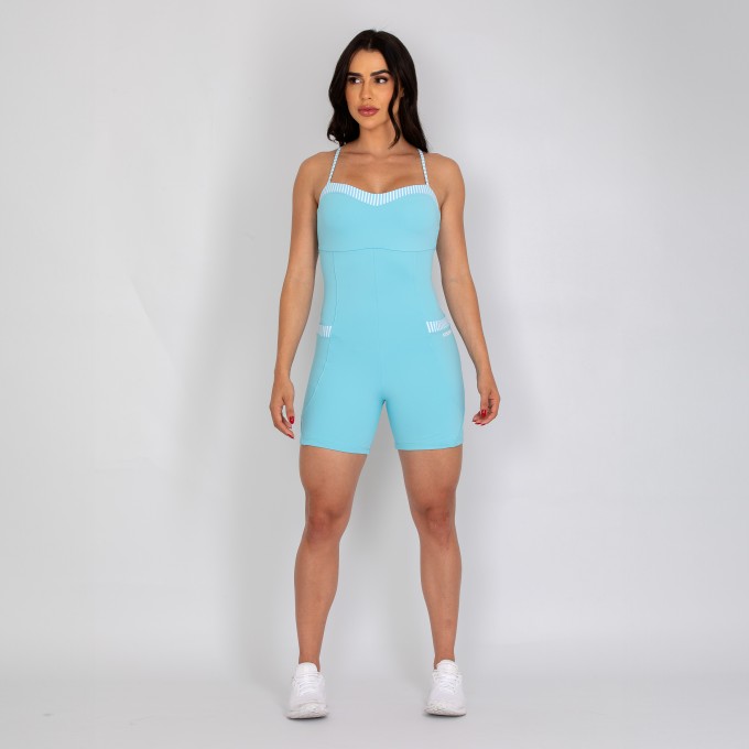 Macaquinho Azul bebê com Bolso e Detalhes em Listras