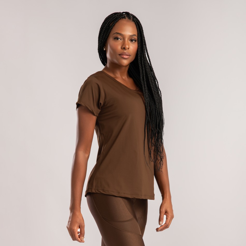 Camiseta Marrom Café com Transpassado de Tule