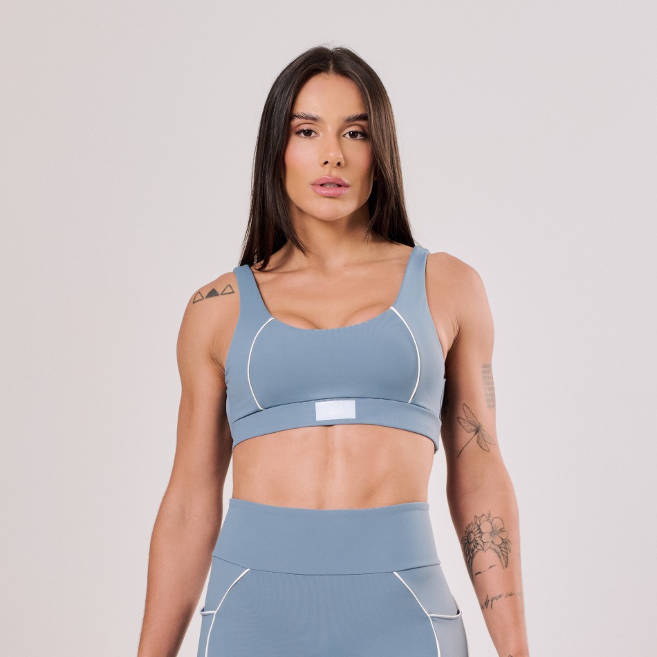 Top Sustentação Azul Acinzentado com Friso Off White