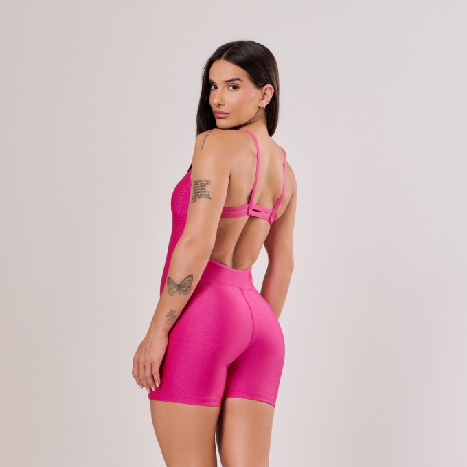 Macaquinho Rosa Vibrante com pesponto e Alças de Elástico