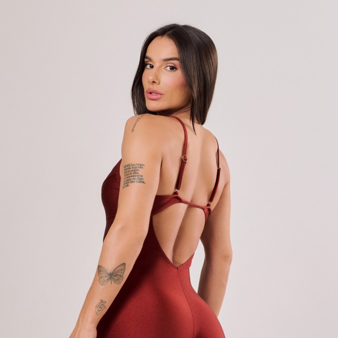 Macacão Flare Cobre com Detalhe Off White