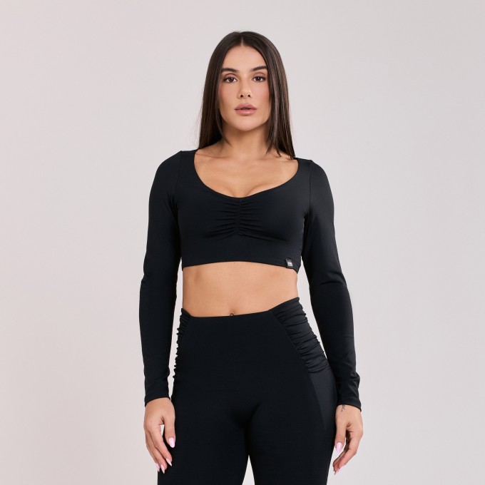 Cropped Manga Longa Drapeado Preto