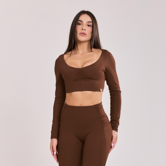 Cropped Manga Longa Drapeado Marrom Cacau