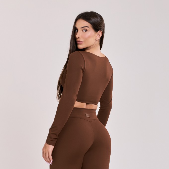 Cropped Manga Longa Drapeado Marrom Cacau