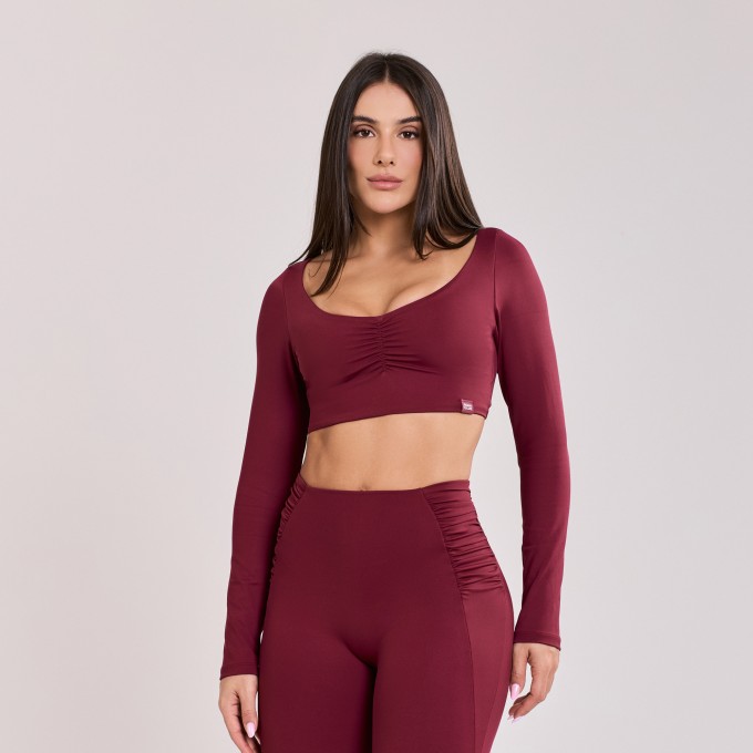 Cropped Manga Longa Drapeado Vinho Bordô
