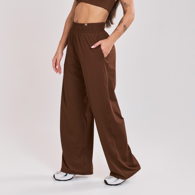 Calça Wide Leg Esportiva com Bolso Marrom Cacau