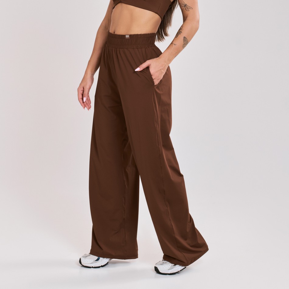 Calça Wide Leg Esportiva com Bolso Marrom Cacau