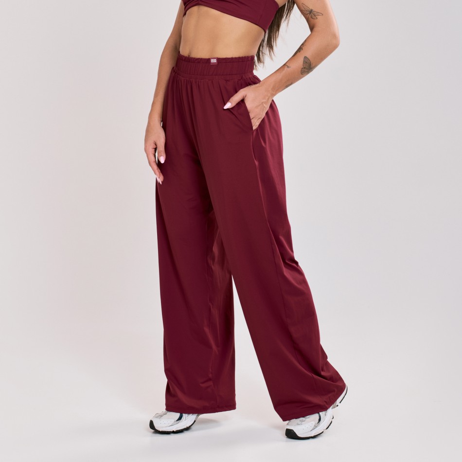 Calça Wide Leg Esportiva com Bolso Vinho Bordô