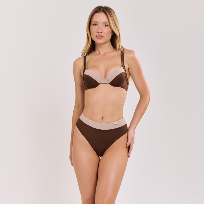 Biquíni Meia Taça Bicolor Hot Pants Marrom com Chocolate