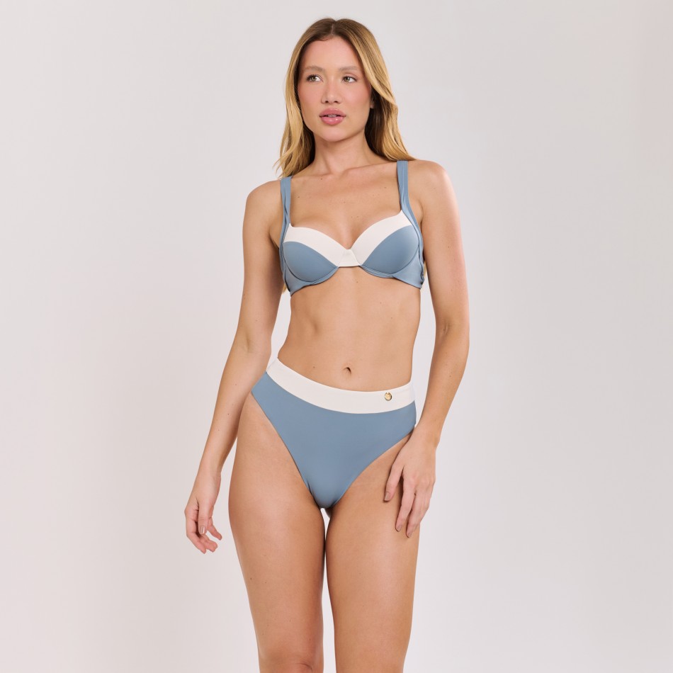 Biquíni Meia Taça Bicolor Hot Pants Azul com Off White
