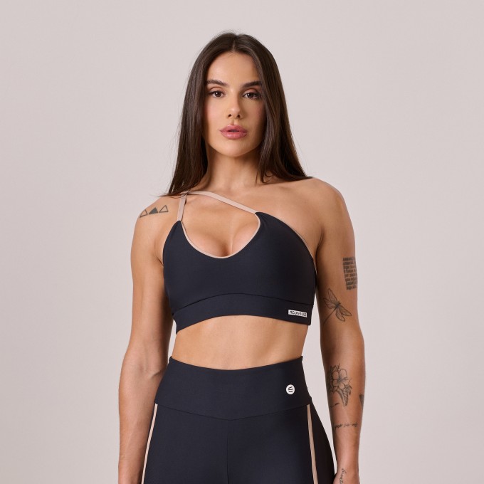 Top Ombro Só  Preto com Detalhe Nude