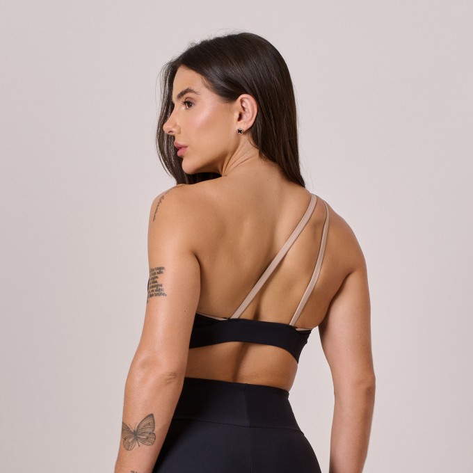 Top Ombro Só  Preto com Detalhe Nude
