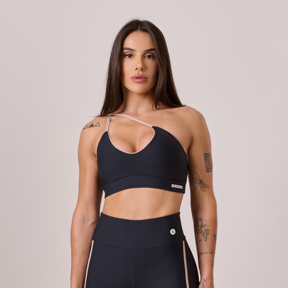 Top Ombro Só  Preto com Detalhe Nude