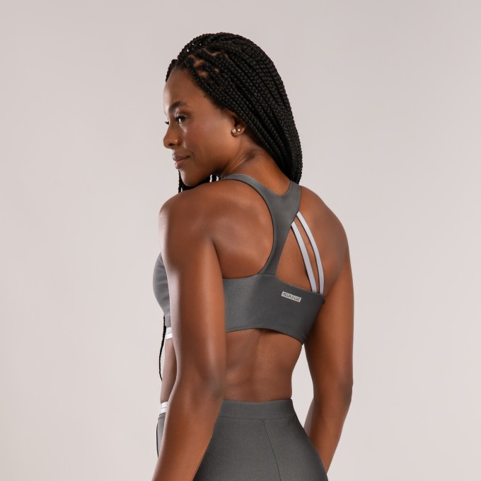 Top Nadador Vazado Cinza Chumbo com Detalhe em  Elástico