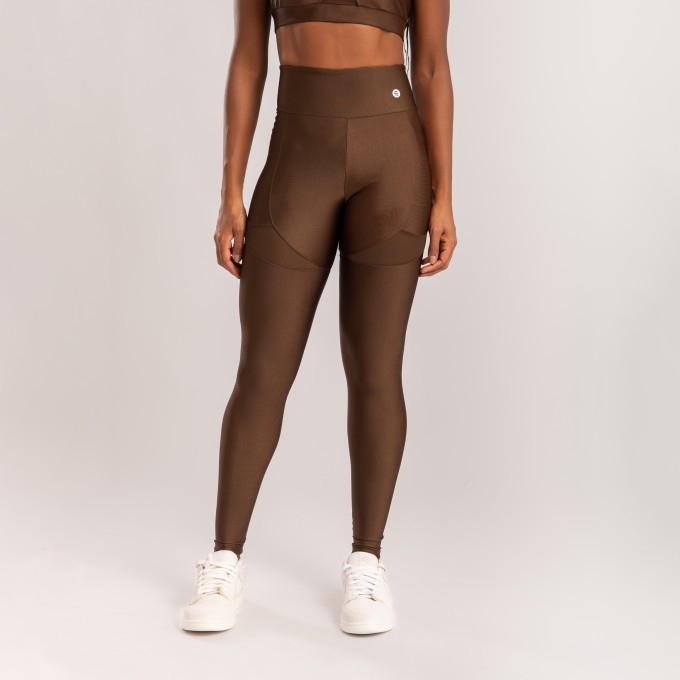 Calça Legging com Bolso e Detalhe Tule Marrom Café