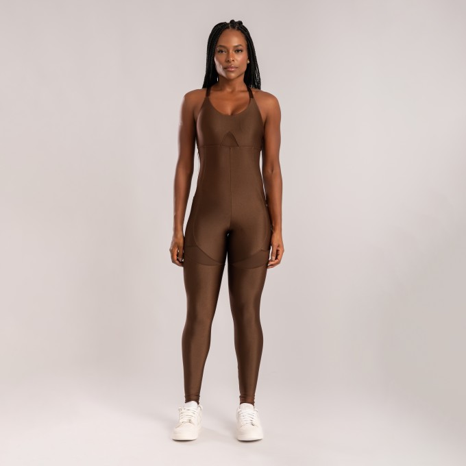 Macacão com Detalhe Tule Marrom Café