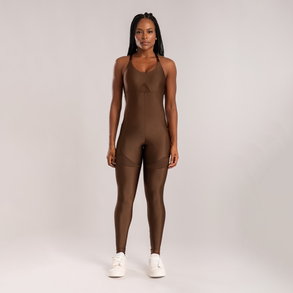 Macacão com Detalhe Tule Marrom Café