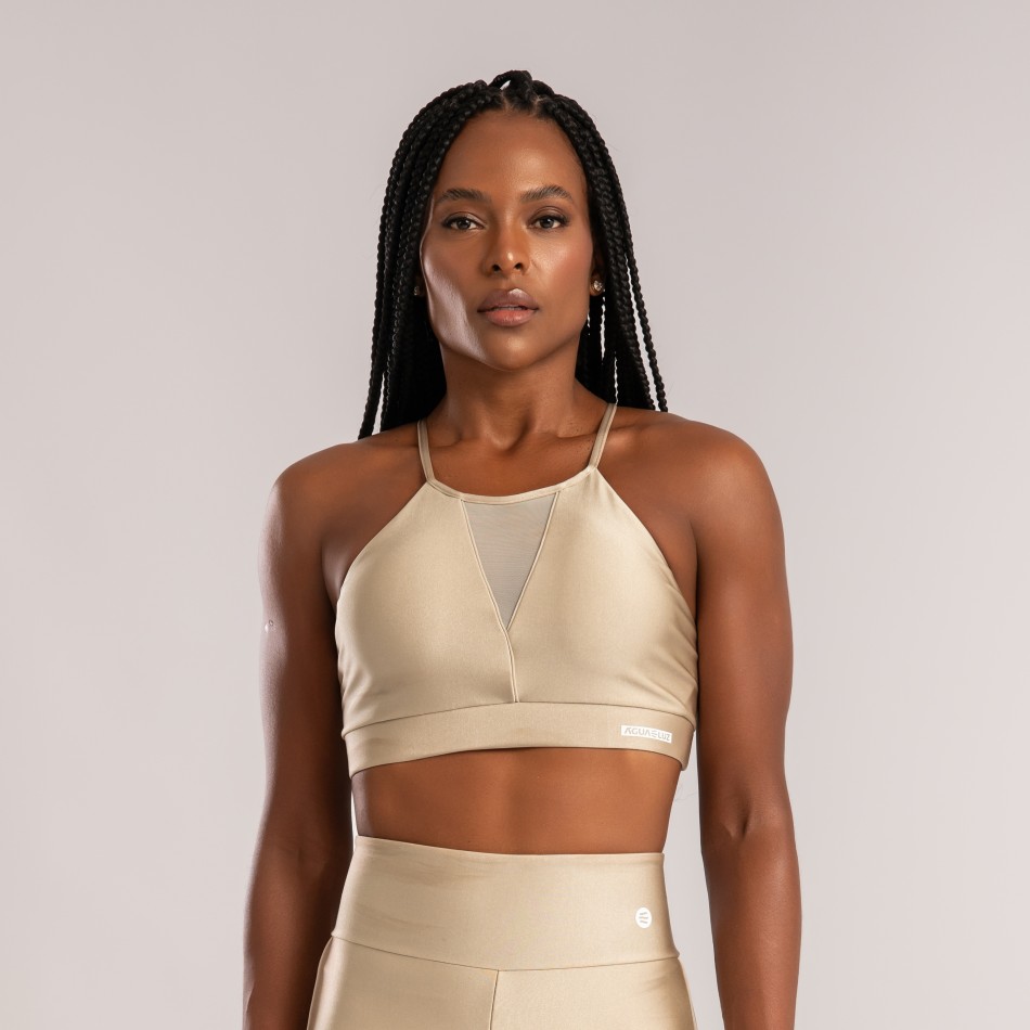 Top Frente Única com Detalhe Tule Areia